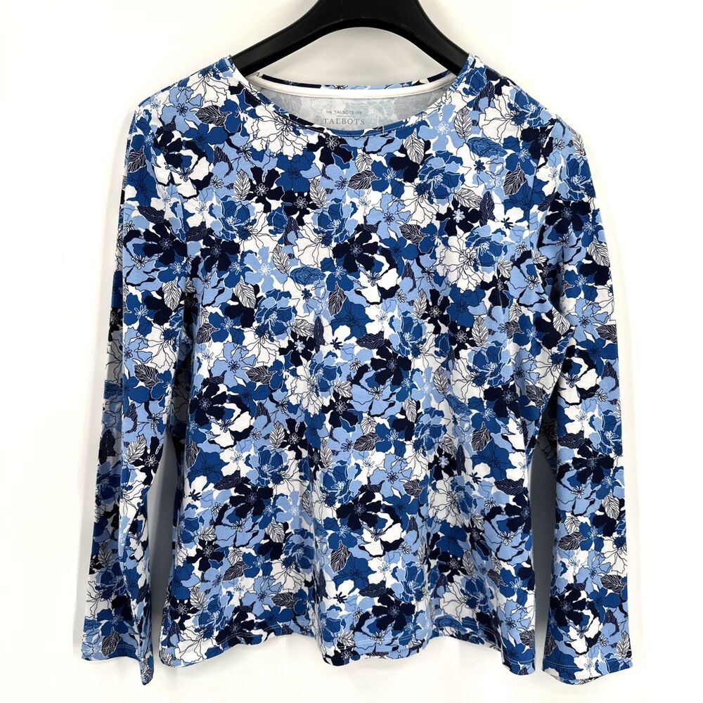 The Talbots Tee XL Women's Long Sleeve T-Shirt Crew Neck Blue Floral Casual MINT